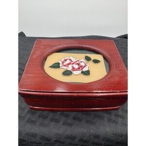 Jewelry Box Small Wood Floral Glass Top 2 Compartments Ring Slots Velvet Lined